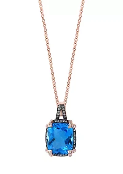 14K Rose Gold Blue Topaz Brown Diamond Pendant Necklace 