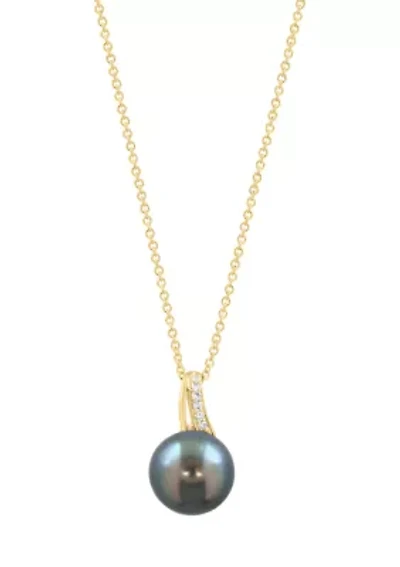 Diamond and Black Tahitian Pearl Pendant Necklace in 14K Yellow Gold