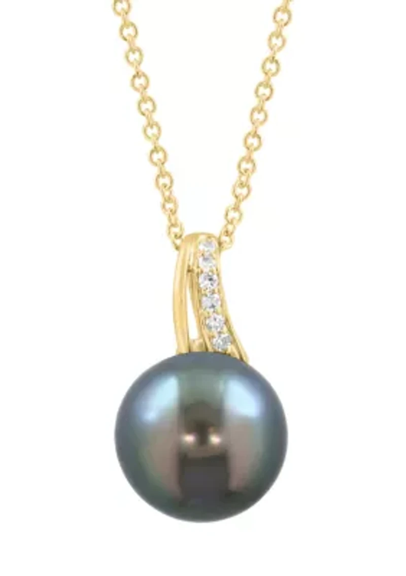 Diamond and Black Tahitian Pearl Pendant Necklace in 14K Yellow Gold