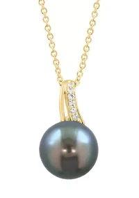 Diamond and Black Tahitian Pearl Pendant Necklace in 14K Yellow Gold