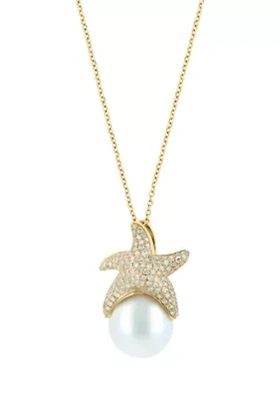 14K Yellow Gold Diamond Freshwater Pearl Pendant Necklace 