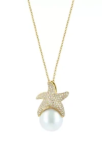 14K Yellow Gold Diamond Freshwater Pearl Pendant Necklace 