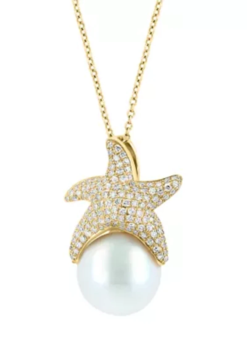 14K Yellow Gold Diamond Freshwater Pearl Pendant Necklace 