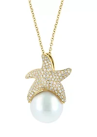 14K Yellow Gold Diamond Freshwater Pearl Pendant Necklace 