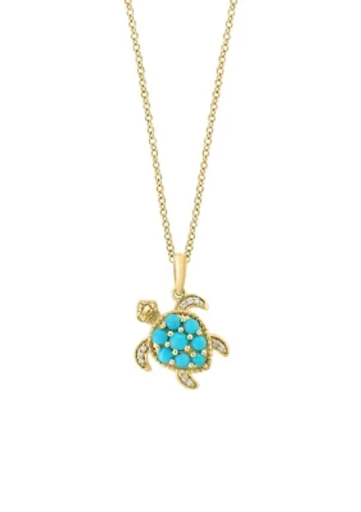 Diamond, Turquoise Turtle Pendant Necklace in 14k Yellow Gold