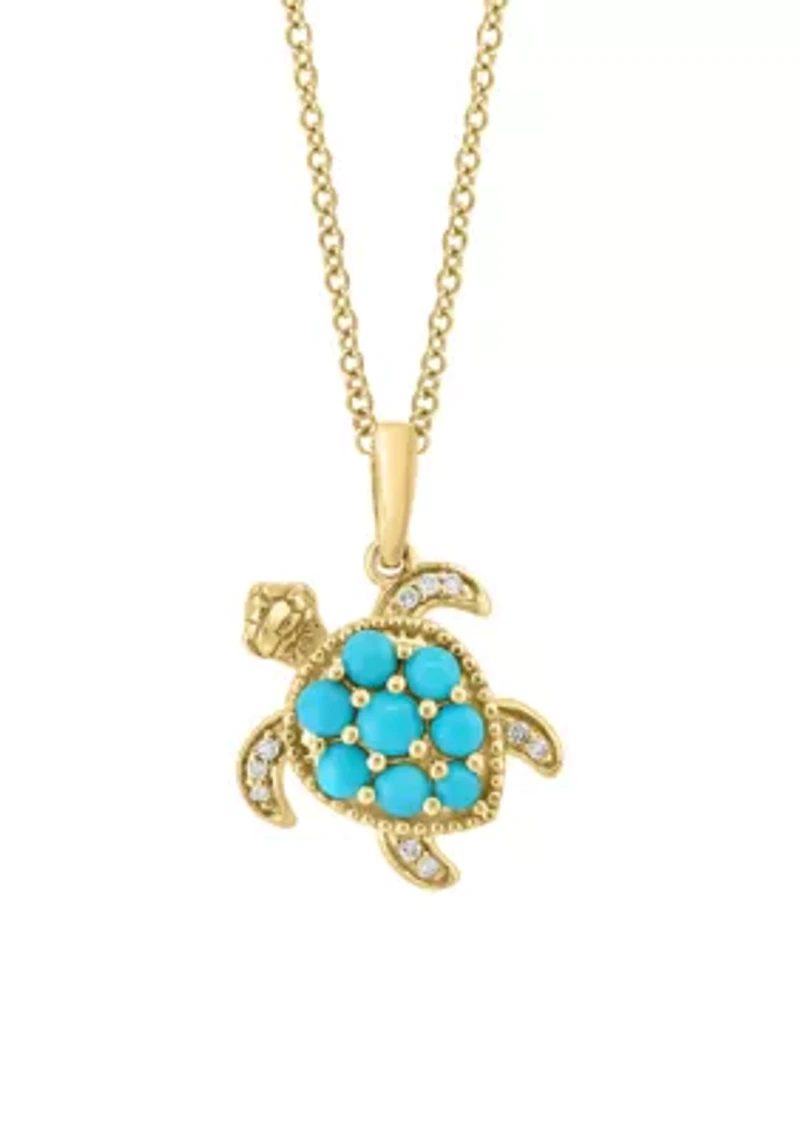 Diamond, Turquoise Turtle Pendant Necklace in 14k Yellow Gold