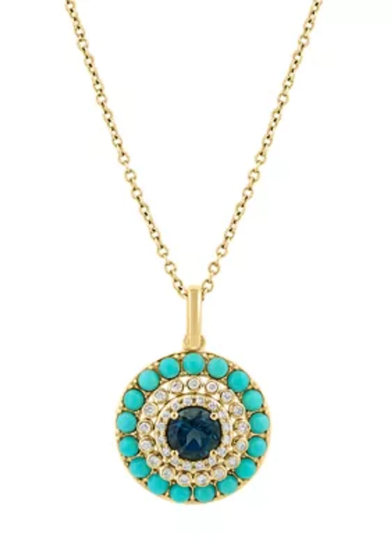 Diamond, London Blue Topaz and Turquoise Multi Disc Pendant Necklace in 14K Yellow Gold
