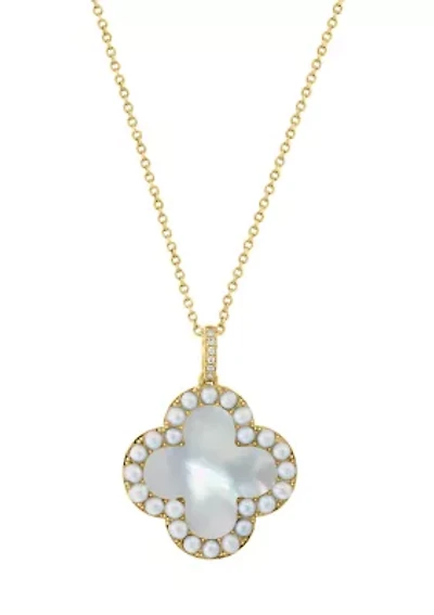 Diamond, Freshwater Pearl, Mother of Pearl Pendant Necklace in 14K Yellow Gold