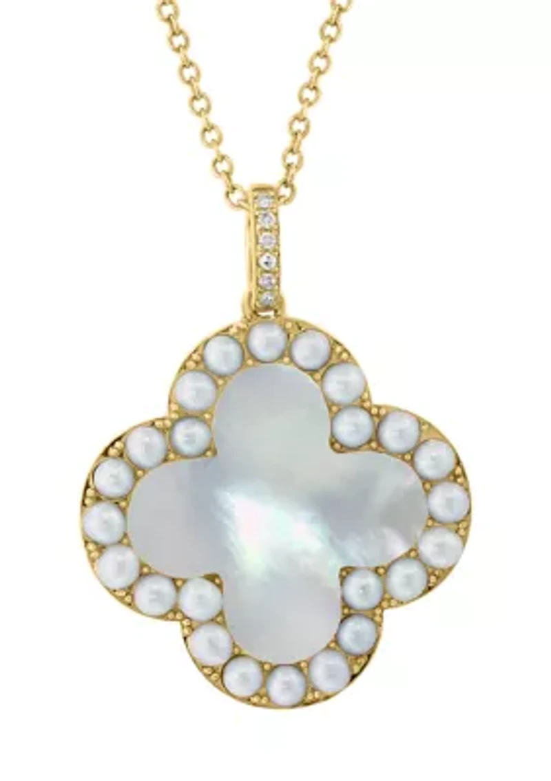 Diamond, Freshwater Pearl, Mother of Pearl Pendant Necklace in 14K Yellow Gold
