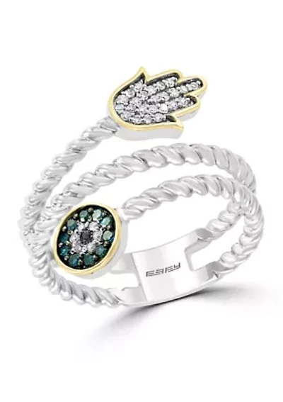 1/6 ct. t.w. Diamond, Black Diamond and Blue Diamond Ring in Sterling Silver and 14K Yellow Gold