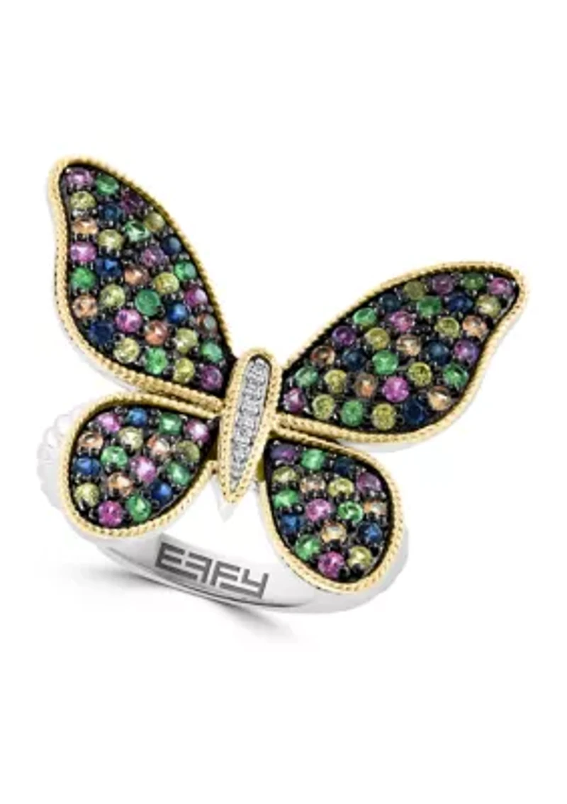 Diamond, Sapphire, Yellow Sapphire, Pink Sapphire, Orange Sapphire, Tsavorite Butterfly Ring in 14K Yellow Gold