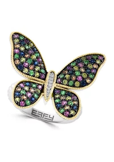 Diamond, Sapphire, Yellow Sapphire, Pink Sapphire, Orange Sapphire, Tsavorite Butterfly Ring in 14K Yellow Gold