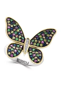 Diamond, Sapphire, Yellow Sapphire, Pink Sapphire, Orange Sapphire, Tsavorite Butterfly Ring in 14K Yellow Gold