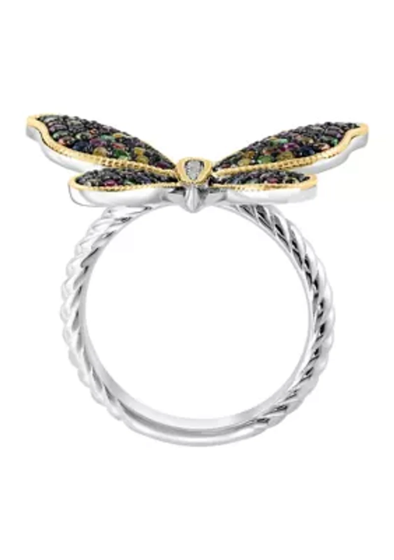 Diamond, Sapphire, Yellow Sapphire, Pink Sapphire, Orange Sapphire, Tsavorite Butterfly Ring in 14K Yellow Gold