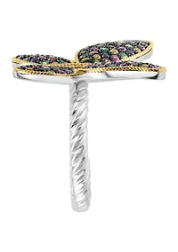 Diamond, Sapphire, Yellow Sapphire, Pink Sapphire, Orange Sapphire, Tsavorite Butterfly Ring in 14K Yellow Gold