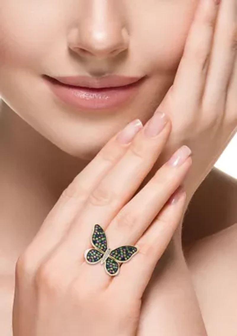 Diamond, Sapphire, Yellow Sapphire, Pink Sapphire, Orange Sapphire, Tsavorite Butterfly Ring in 14K Yellow Gold