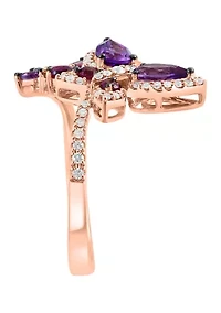 Diamond, Amethyst and Rhodolite Butterfly Ring in 14K Rose Gold