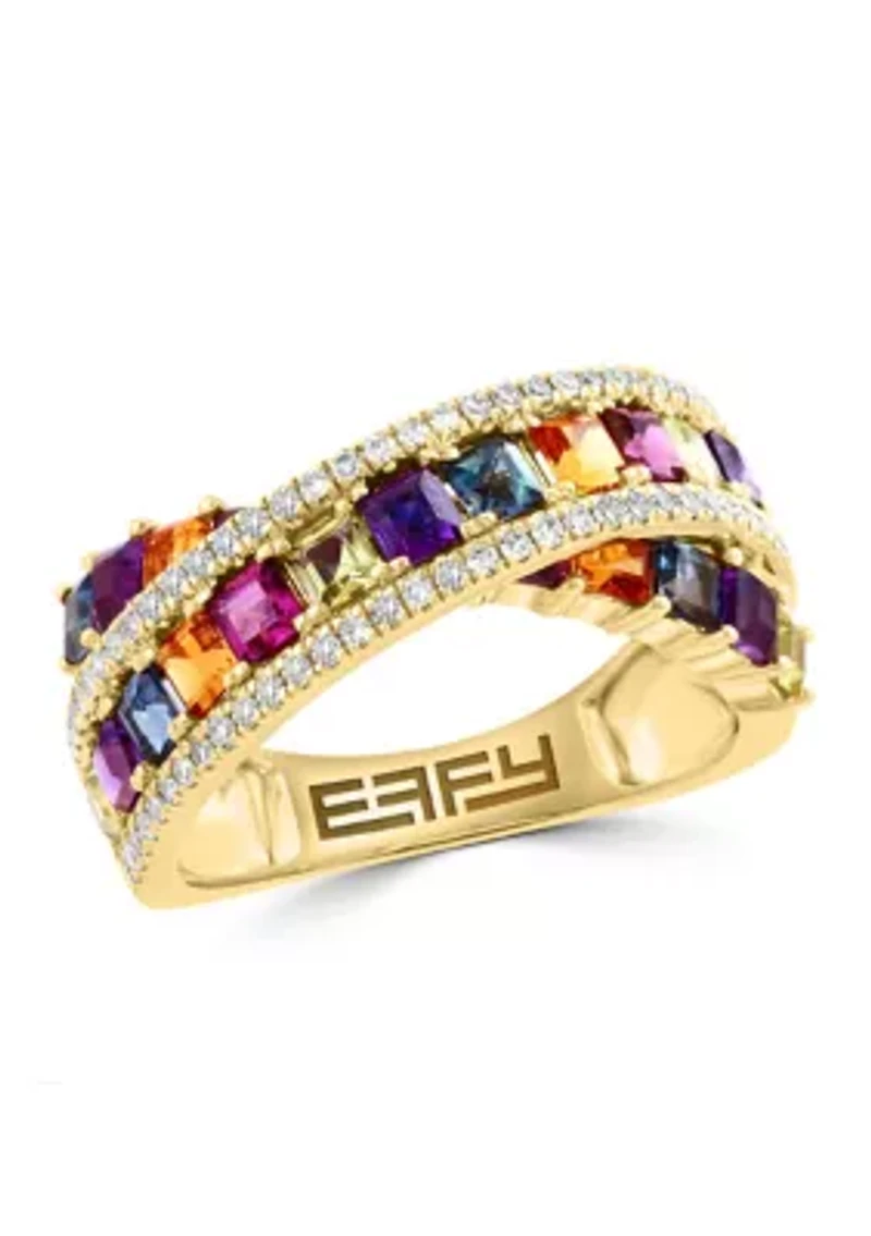 14K Yellow Gold Diamond, Amethyst, London Blue Topaz, Citrine, Rhodolite, Peridot Ring 