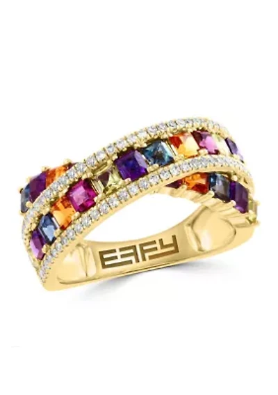 14K Yellow Gold Diamond, Amethyst, London Blue Topaz, Citrine, Rhodolite, Peridot Ring 