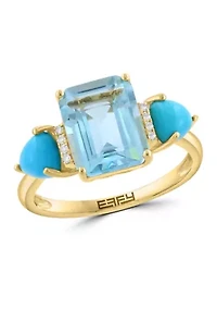 14K Yellow Gold Diamond, Blue Topaz, and Turquoise Ring