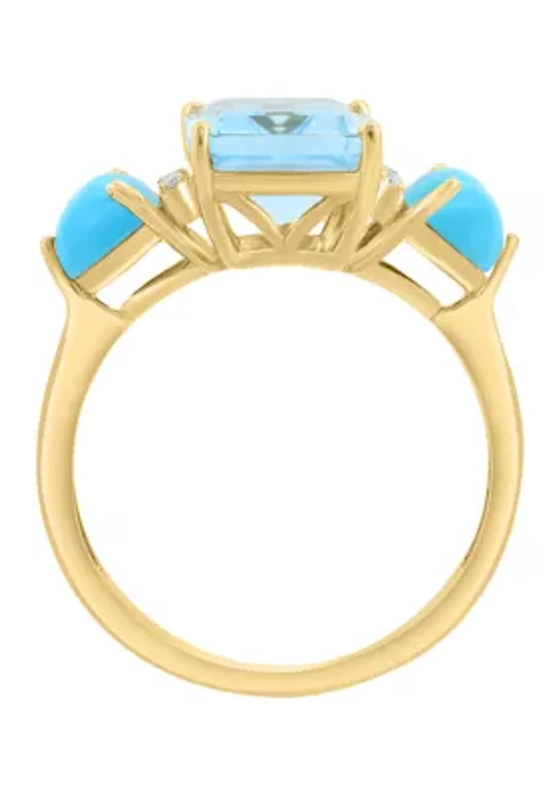 14K Yellow Gold Diamond, Blue Topaz, and Turquoise Ring