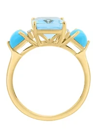 14K Yellow Gold Diamond, Blue Topaz, and Turquoise Ring
