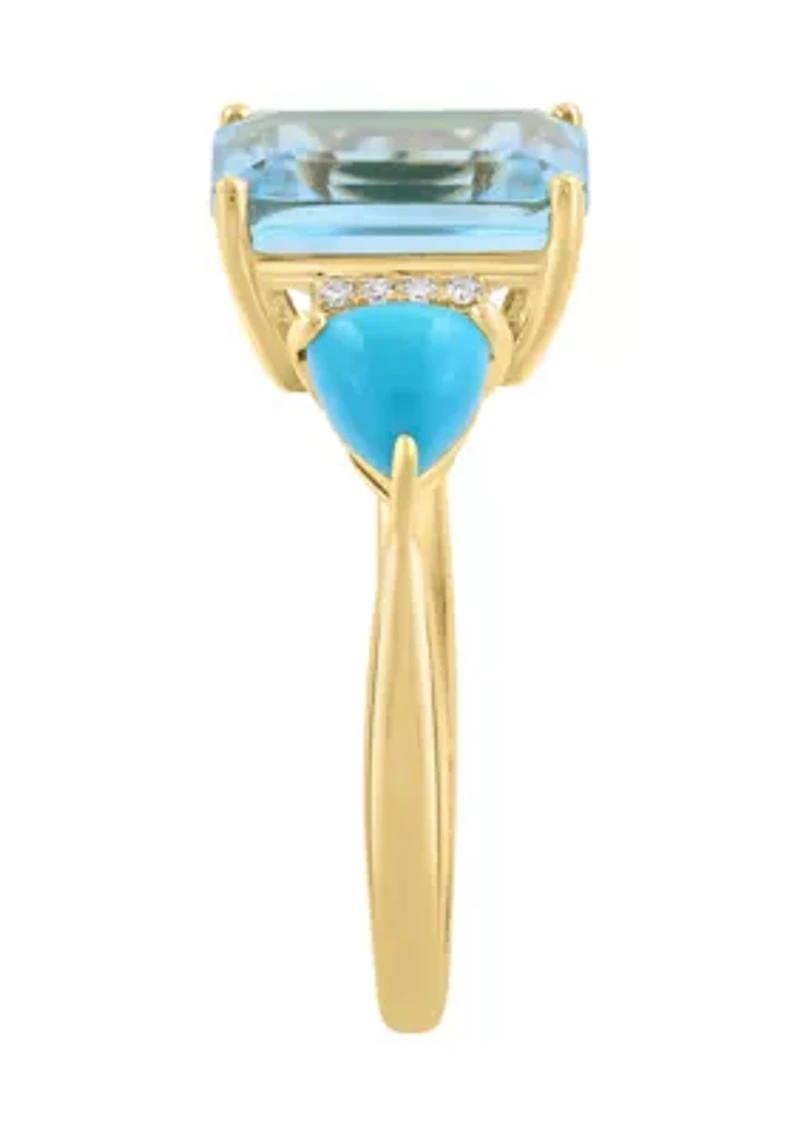 14K Yellow Gold Diamond, Blue Topaz, and Turquoise Ring