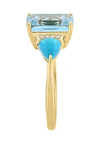 14K Yellow Gold Diamond, Blue Topaz, and Turquoise Ring