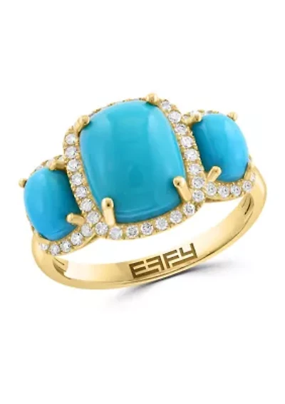 14K Yellow Gold Diamond, Turquoise Ring 