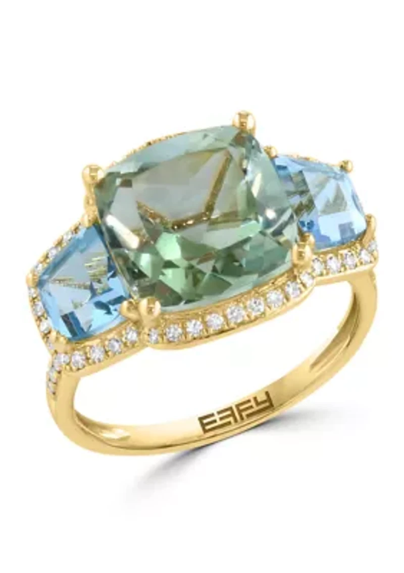 Diamond, Green Amethyst, Sky Blue Topaz Ring in 14K Yellow Gold