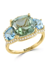 Diamond, Green Amethyst, Sky Blue Topaz Ring in 14K Yellow Gold