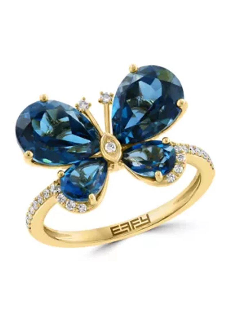 1/8 ct. t.w. Diamond and 5.5 ct. t.w. London Blue Topaz Butterfly Ring in 14K Yellow Gold
