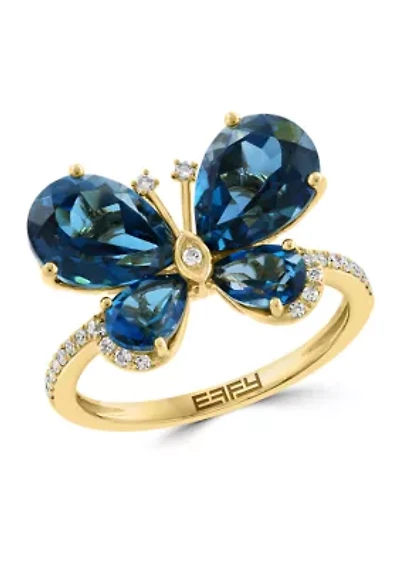 1/8 ct. t.w. Diamond and 5.5 ct. t.w. London Blue Topaz Butterfly Ring in 14K Yellow Gold