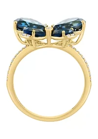 1/8 ct. t.w. Diamond and 5.5 ct. t.w. London Blue Topaz Butterfly Ring in 14K Yellow Gold