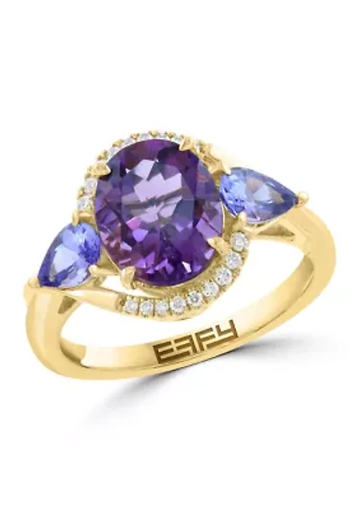 14K Yellow Gold Diamond Amethyst Tanzanite Ring 