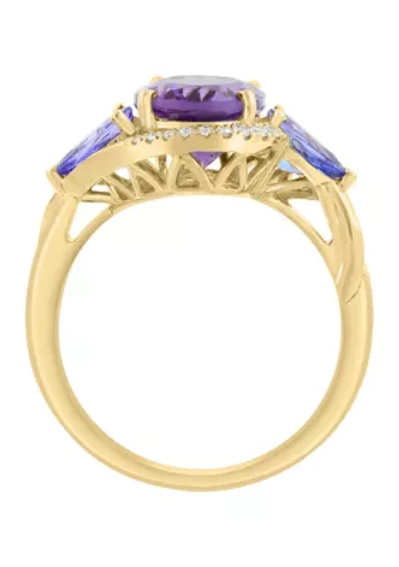 14K Yellow Gold Diamond Amethyst Tanzanite Ring 
