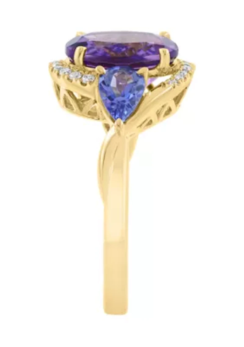 14K Yellow Gold Diamond Amethyst Tanzanite Ring 