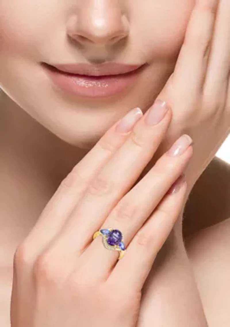 14K Yellow Gold Diamond Amethyst Tanzanite Ring 