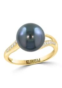 Diamond and Black Tahitian Pearl Ring in 14K Yellow Gold