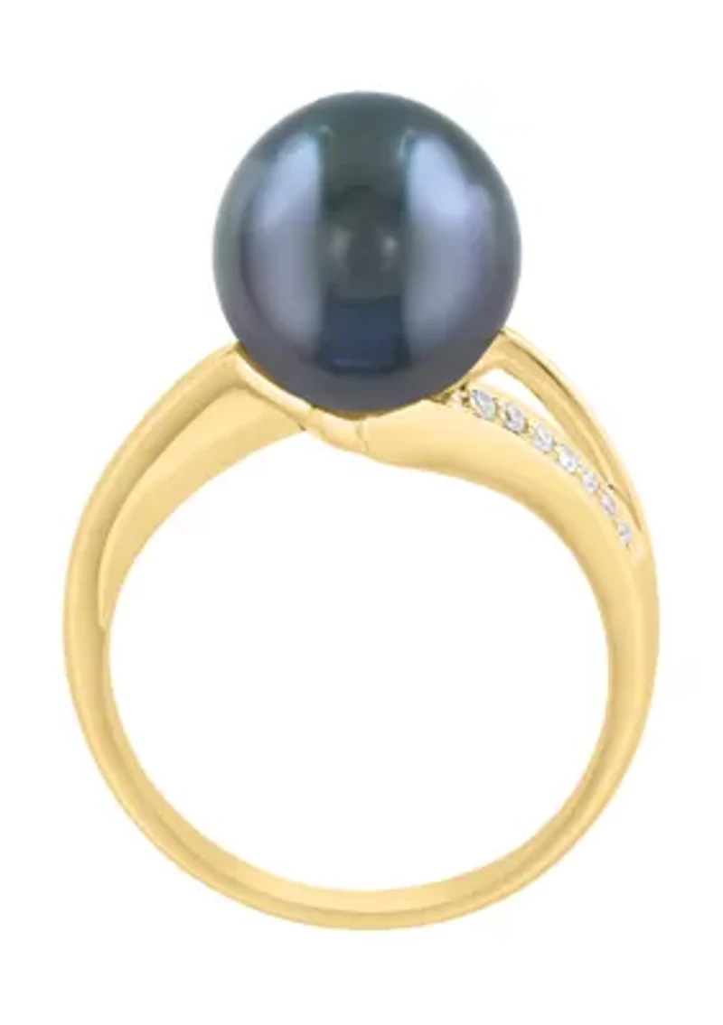 Diamond and Black Tahitian Pearl Ring in 14K Yellow Gold