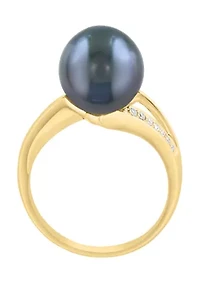 Diamond and Black Tahitian Pearl Ring in 14K Yellow Gold