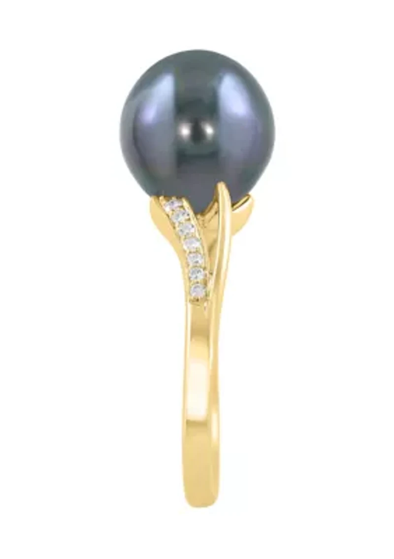 Diamond and Black Tahitian Pearl Ring in 14K Yellow Gold