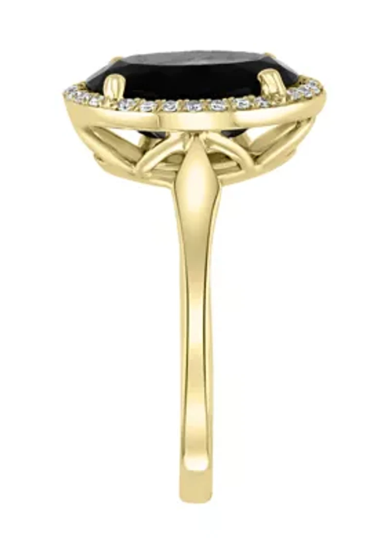1/8 ct. t.w. Diamond and Onyx Oval Ring in 14K Yellow Gold