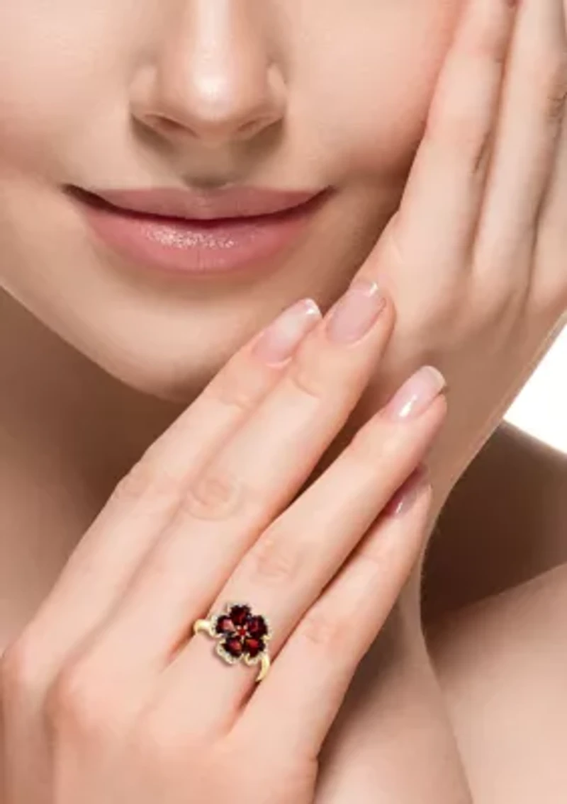 14K Yellow Gold Diamond, Garnet and Orange Sapphire Flower Ring