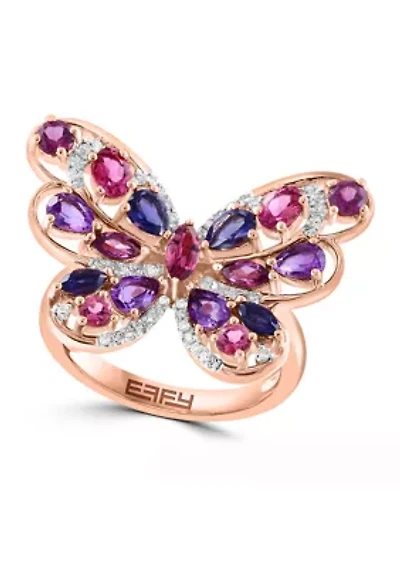 1/6 ct. t.w. Diamond, Iolite, Amethyst, Rhodolite, Pink Tourmaline Butterfly Ring In 14k Yellow Gold 