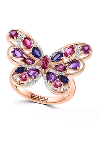1/6 ct. t.w. Diamond, Iolite, Amethyst, Rhodolite, Pink Tourmaline Butterfly Ring In 14k Yellow Gold 