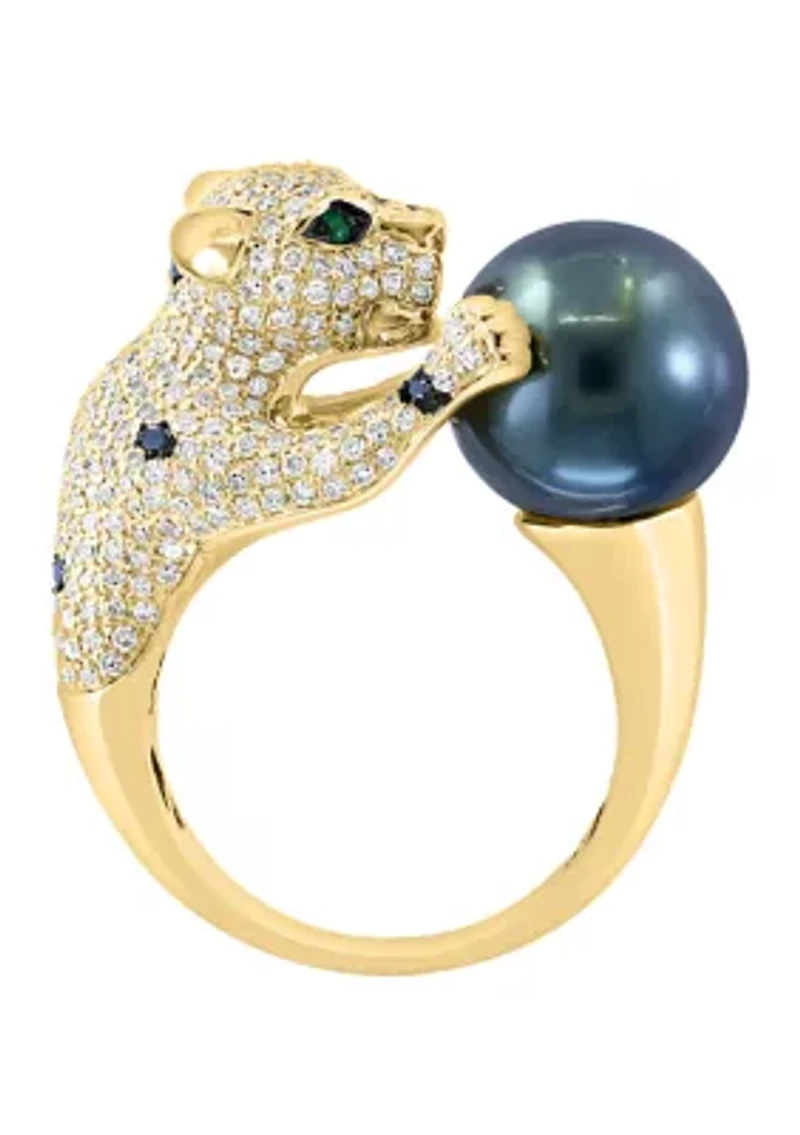 Diamond, Black Diamond, Emerald and Tahitian Pearl Animal Ring in 14K Yellow Gold