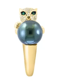 Diamond, Black Diamond, Emerald and Tahitian Pearl Animal Ring in 14K Yellow Gold