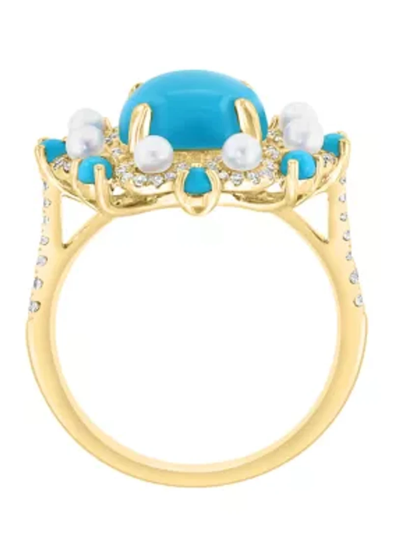 Diamond, Freshwater Pearl and Turquoise Ring in 14K Yellow Gold