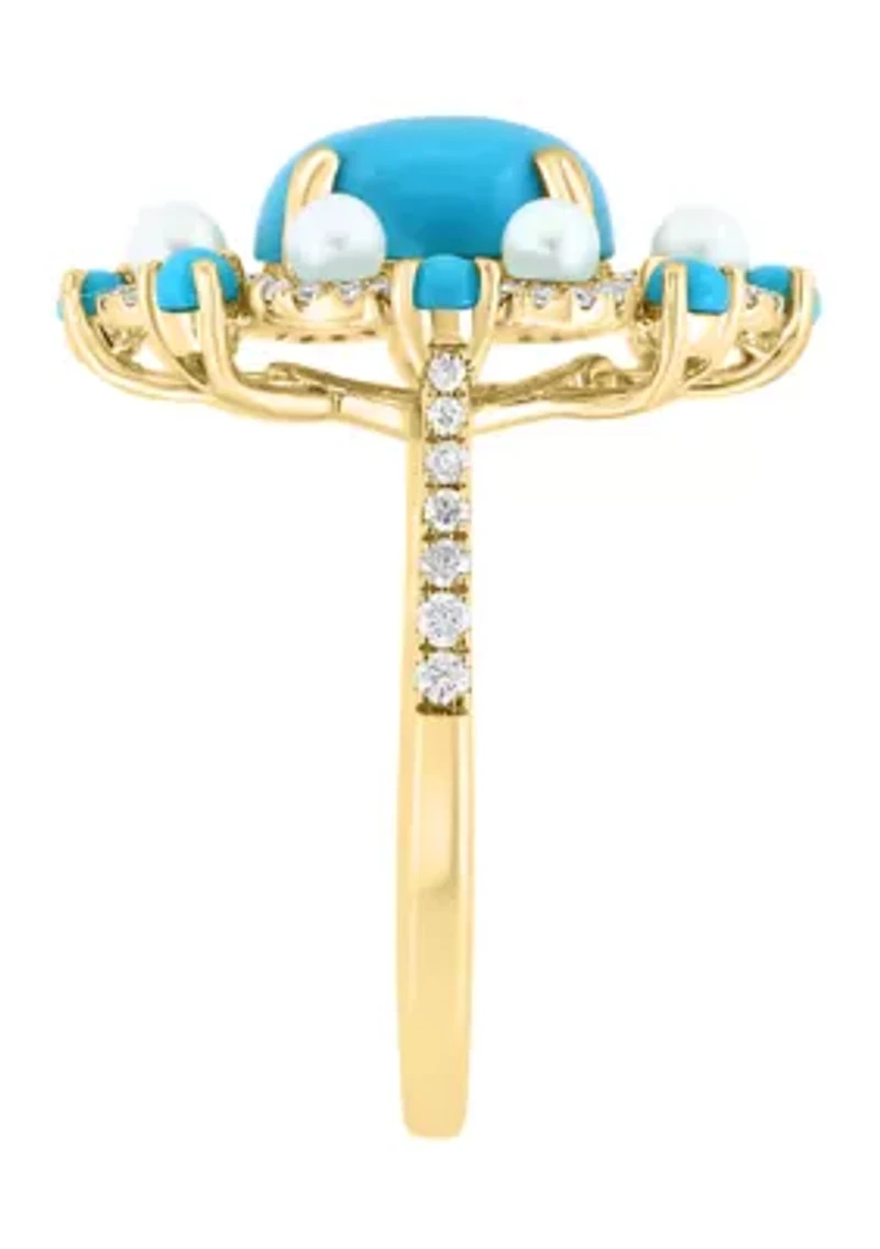 Diamond, Freshwater Pearl and Turquoise Ring in 14K Yellow Gold